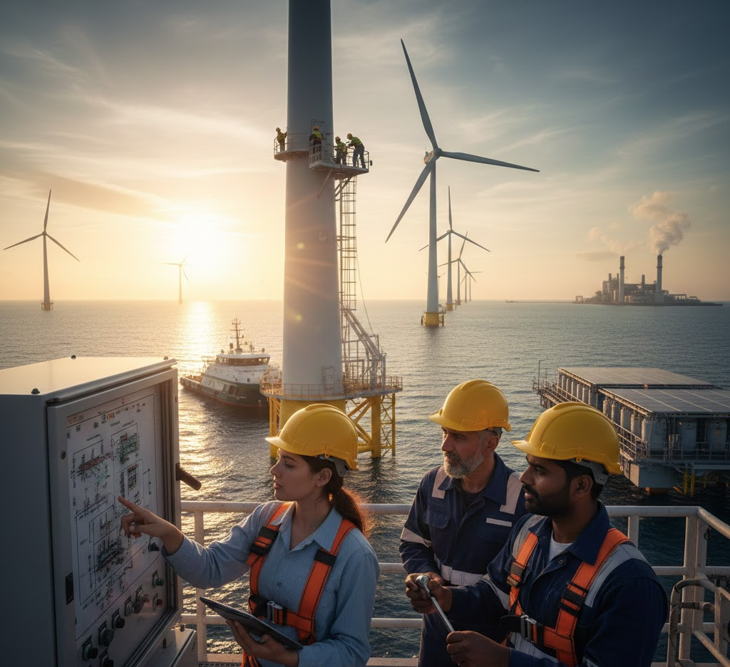Engineers monitor offshore wind turbines at sunset, enhancing renewable energy efficiency and sustainability