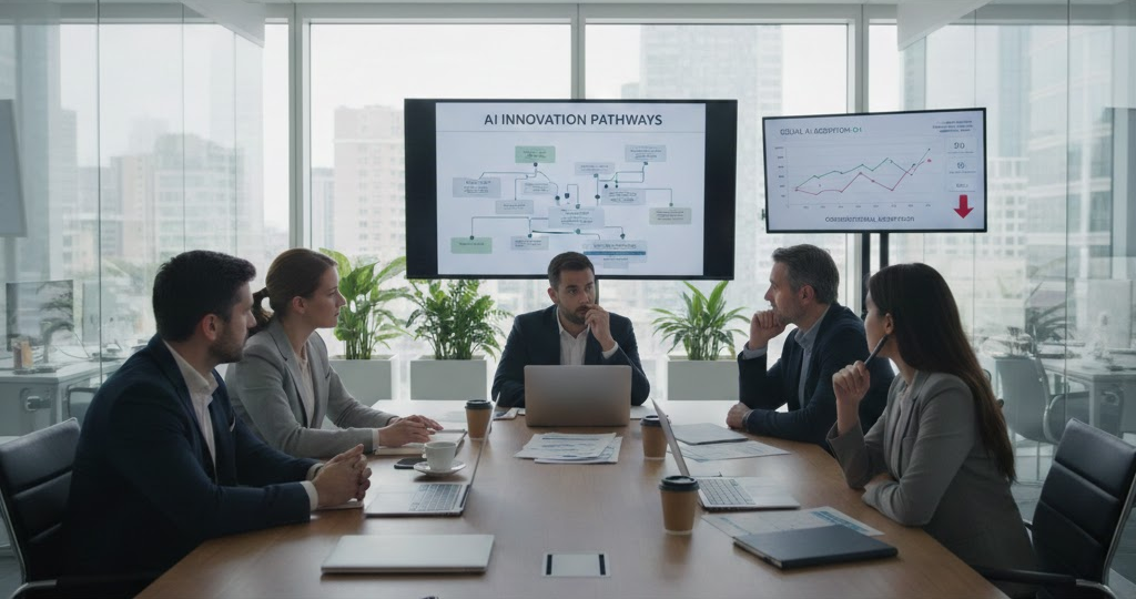 Business meeting on AI innovation pathways in a modern office with presentations on screen and diverse team discussion