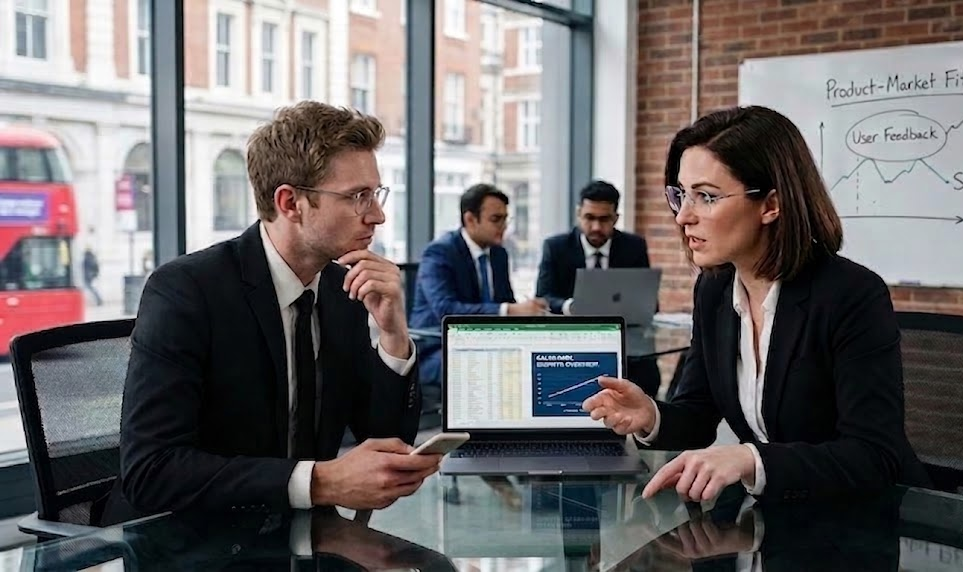 Business meeting with professionals discussing growth strategies in a modern office setting with laptops and graphs