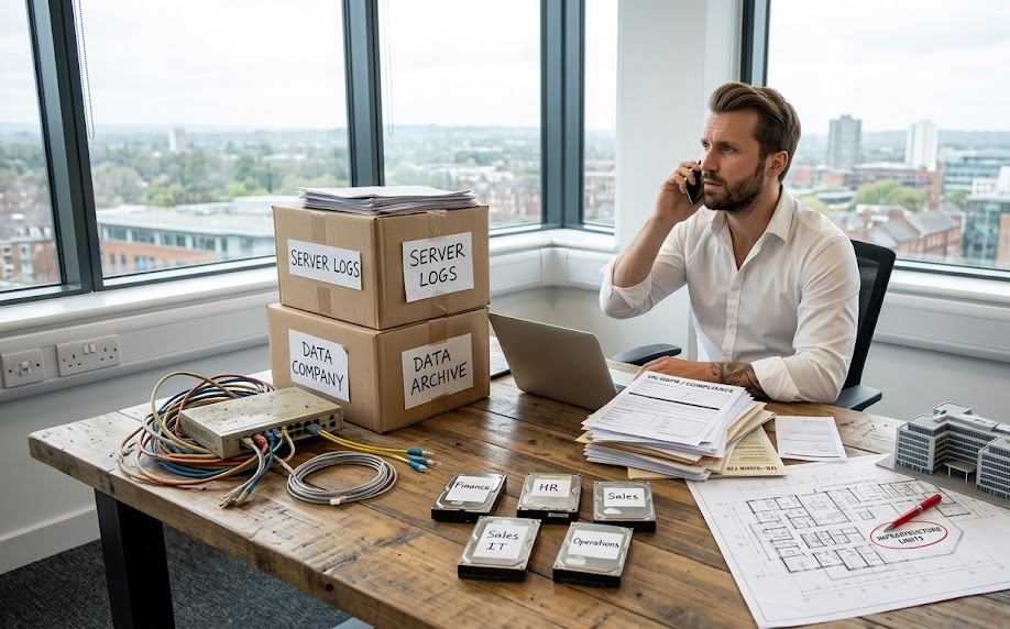 Man in office on phone, surrounded by data boxes, files, and blueprints on wooden desk, with cityscape view